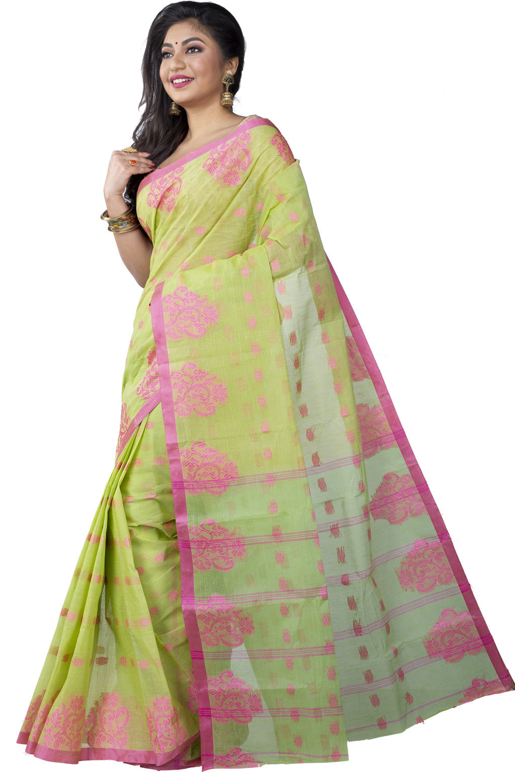 Olive Green Pure Cotton Botgach Tant Saree (541)